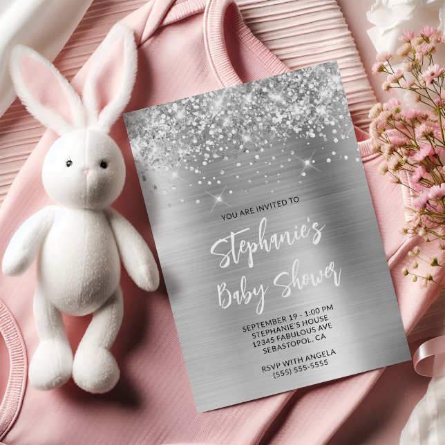 Convites Chuva de Brilho Prata Glam Festa de Bebê Registro  (Glittery Silver Glam Online Registry Baby Shower Invitation)