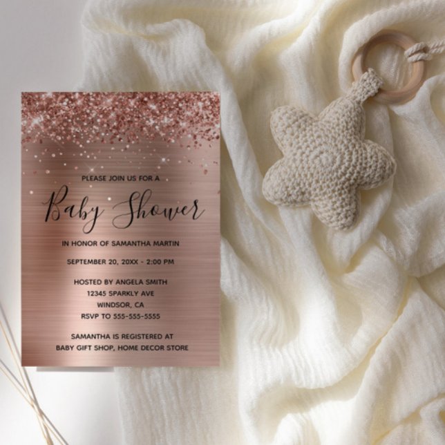 Convites Chuva de Brilho Rosa Dourado no Chá de Bebê (Rose Gold Glitter Glam Baby Shower Invite)