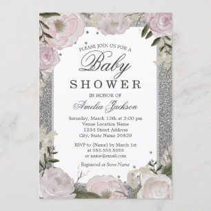 Convites Chuva de Brilho Rosa Prata Floral Baby Shower