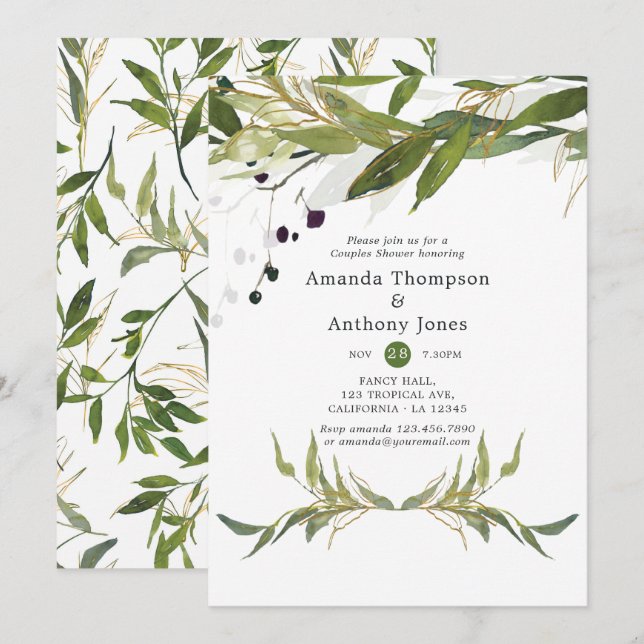 Convites Chuva de Casais com Folhagem em Aquarela (Frente/Verso)