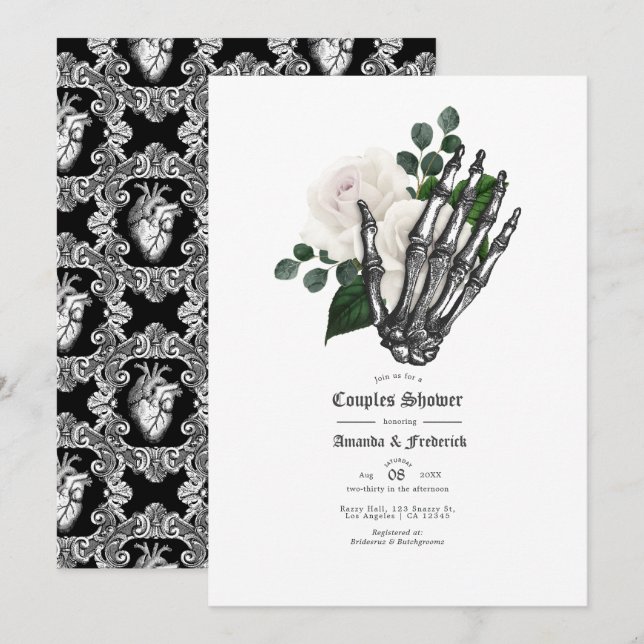 Convites Chuva de Casais de Noiva Floral Branca Gótica (Frente/Verso)