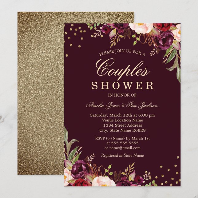 Convites Chuva de Casais Dourado Burgundy floral Brilho (Frente/Verso)