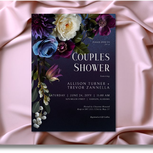 Convites Chuva de Casais Florais Azul Escuro e Roxo (Dark Blue & Purple Floral Moody Couples Shower Invitation)