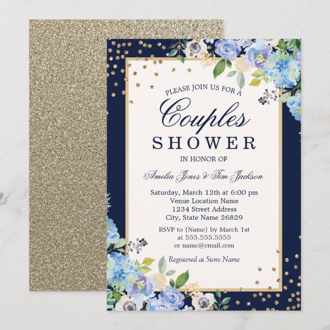 Convites Chuva de Casais Floral Azul Dourado Brilho (Frente/Verso)