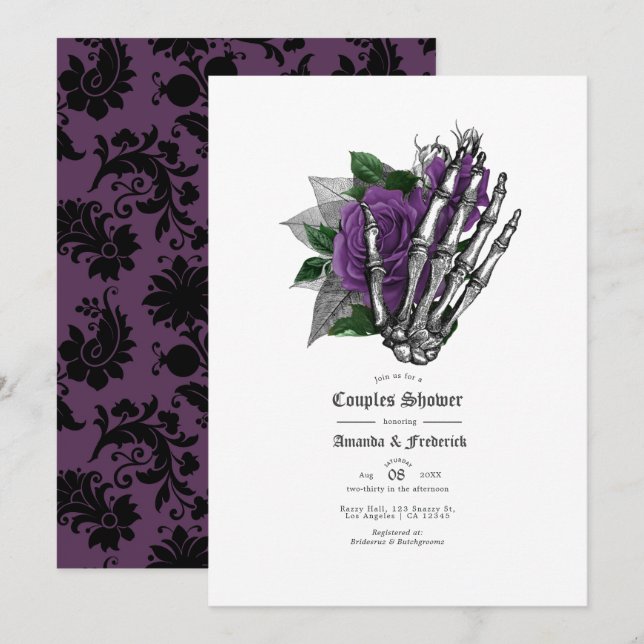 Convites Chuva de Casais Góticos Caveira Floral Roxa (Frente/Verso)