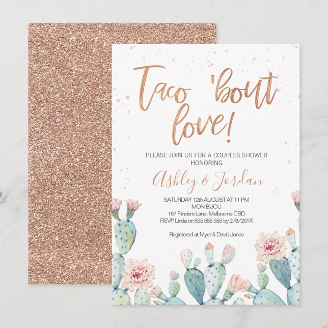 Convites Chuva de Casais Rose Gold Taco ''bout Love (Frente/Verso)