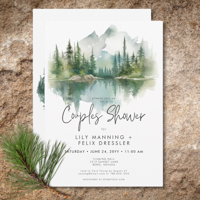 Convites Chuva de Casal à Beira do Lago na Montanha Rústica (Rustic Mountain Lake Watercolor Couples Shower Invitation)