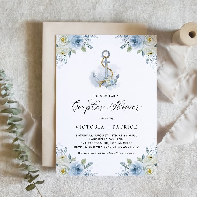 Convites Chuva de Casal Âncora em Aquarela e Flores Azuis (Nautical couples shower invitation featuring watercolor floral anchor and blue and white flowers. )