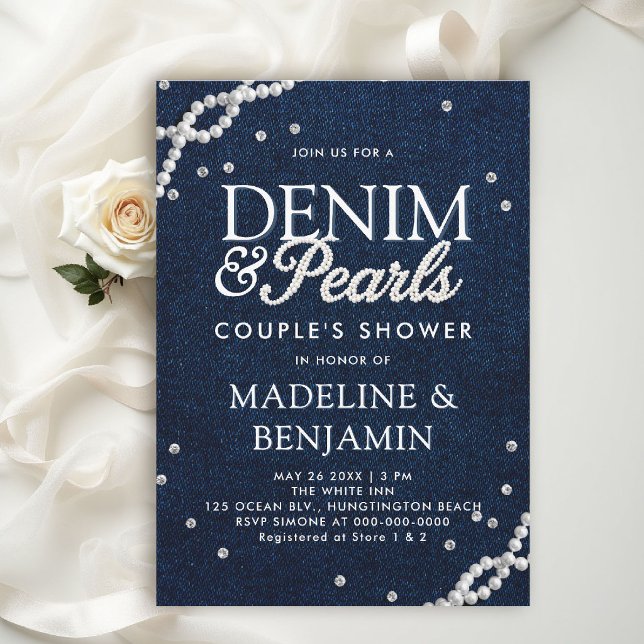 Convites Chuva de Casal Azul Elegante Diamantes Pérolas de  (denim and diamonds wedding shower invitations template couple bridal western country chic)