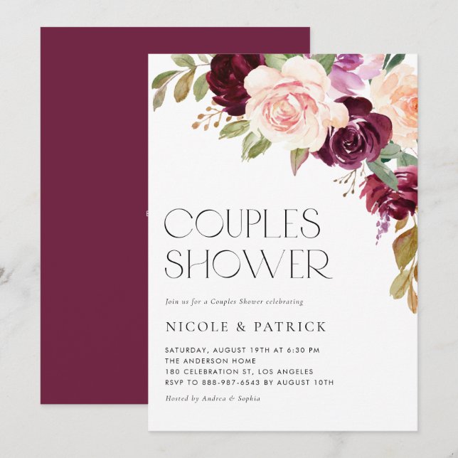 Convites Chuva de Casal Boho Burgundy & Flores de Pêssego O (Frente/Verso)