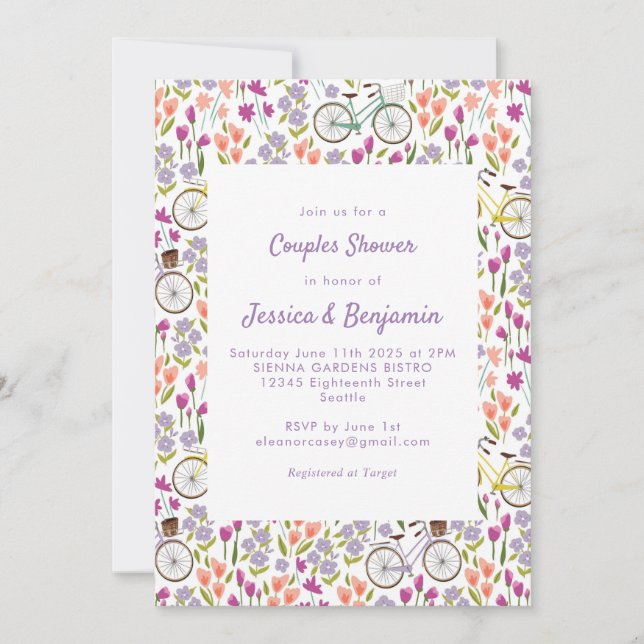 Convites Chuva de Casal Chic Boho Bicicleta Floral Script (Frente)