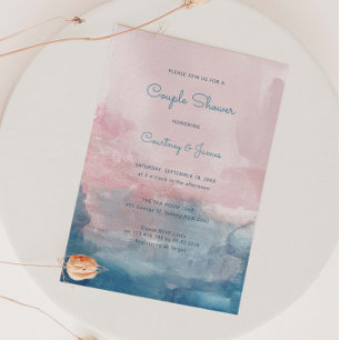 Convites Chuva de casal com aquarela rosa e azul