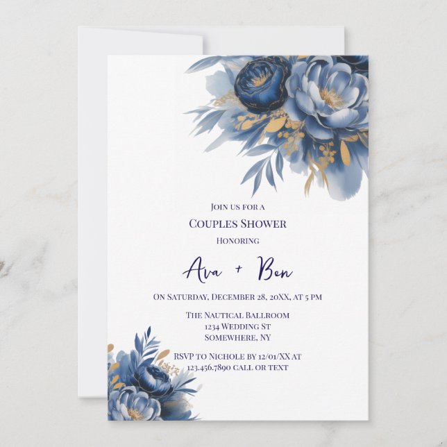 Convites Chuva de Casal com Flor de Peônia Azul Marinho e D (Frente)