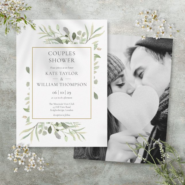 Convites Chuva de Casal com Folhagem Verde Foto (Greenery Foliage Photo Couples Shower Invitation)