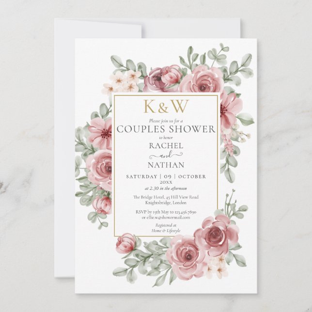 Convites Chuva de Casal com Monograma Dourado e Floral Rosa (Frente)