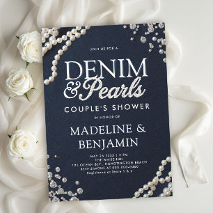 Convites Chuva de Casal de Denim Diamantes Pérolas Azul Rús