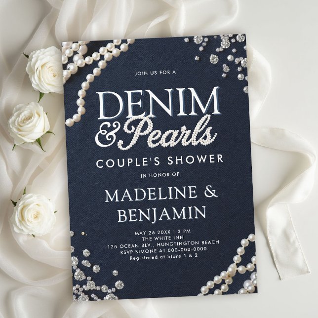 Convites Chuva de Casal de Denim Diamantes Pérolas Azul Rús (denim diamonds pearls wedding shower invitations template couple bridal western country rustic)