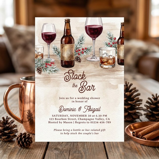 Convites Chuva de Casal de Inverno Rústico Abasteça o Bar (Rustic stock the bar couples shower invitation with wine beer and winter greenery by Darling & May)