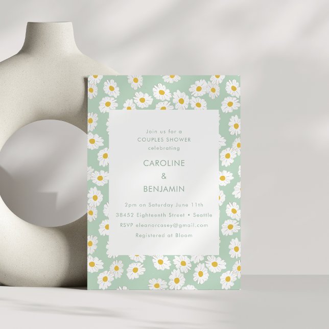 Convites Chuva de Casal de Margaridas Verde Sage Pastel de  (Criador carregado)