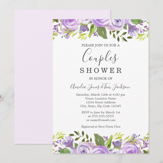 Convites Chuva de Casal de Noiva com Aquarela Floral (Frente/Verso)