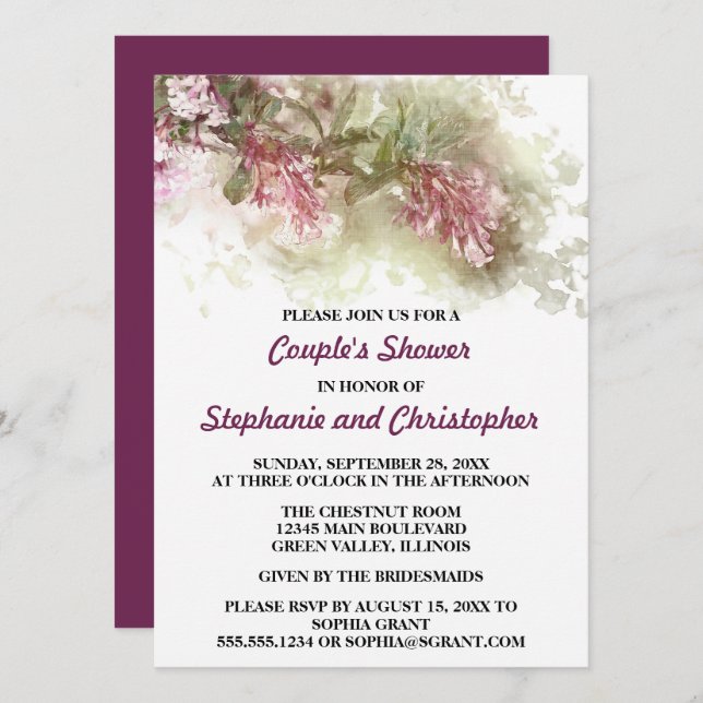Convites Chuva de Casal de Noiva com Jasmim Roxo em Aquarel (Frente/Verso)