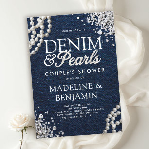Convites Chuva de Casal em Denim Diamantes Pérolas Azul Bra