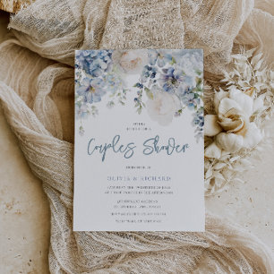 Convites Chuva de Casal Floral Azul e Branco Empoeirado