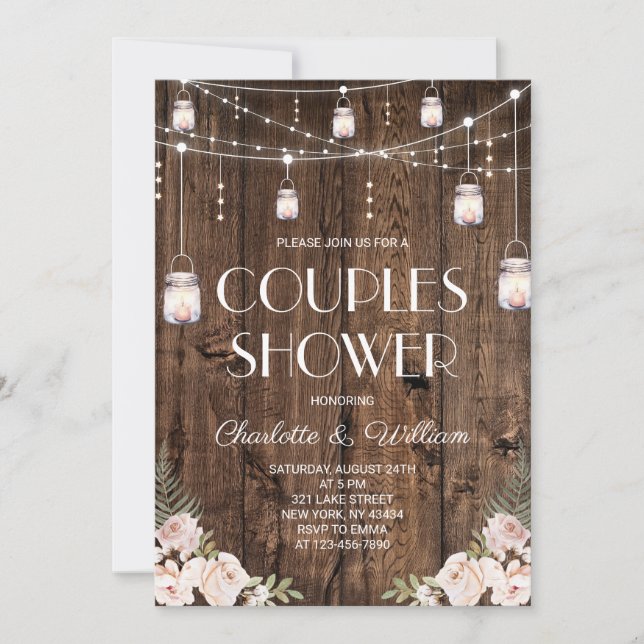Convites Chuva de Casal Floral Bege de Madeira Rústica (Frente)