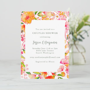 Convites Chuva de Casal Floral Cor-de-Rosa Vibrante e Laran