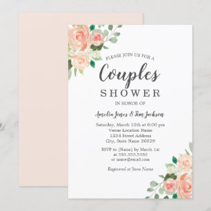 Convites Chuva de Casal Floral em Aquarela Rosa Claro