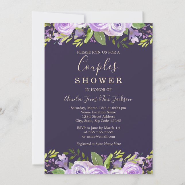 Convites Chuva de Casal Floral em Aquarela Roxa (Frente)