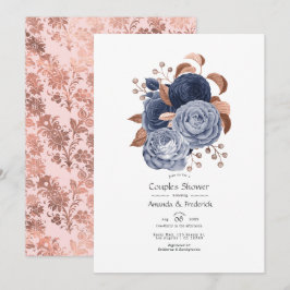 Convites Chuva de Casal Floral em Azul Poeirento e Dourado