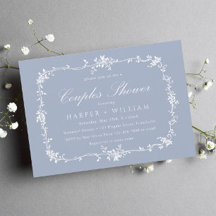 Convites Chuva de Casal Floral Francesa Clássica Azul Empoe