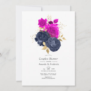 Convites Chuva de Casal Floral Magenta, Azul Marinho e Dour