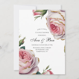 Convites Chuva de Casal Floral Rosa e Bege Blush e Marfim