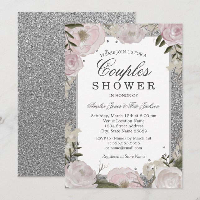 Convites Chuva de Casal Floral Rosa Prateado (Frente/Verso)