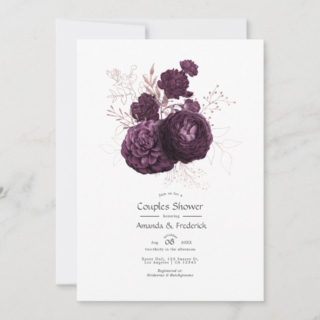 Convites Chuva de Casal Floral Roxa Escura e Dourado Rosa (Frente)
