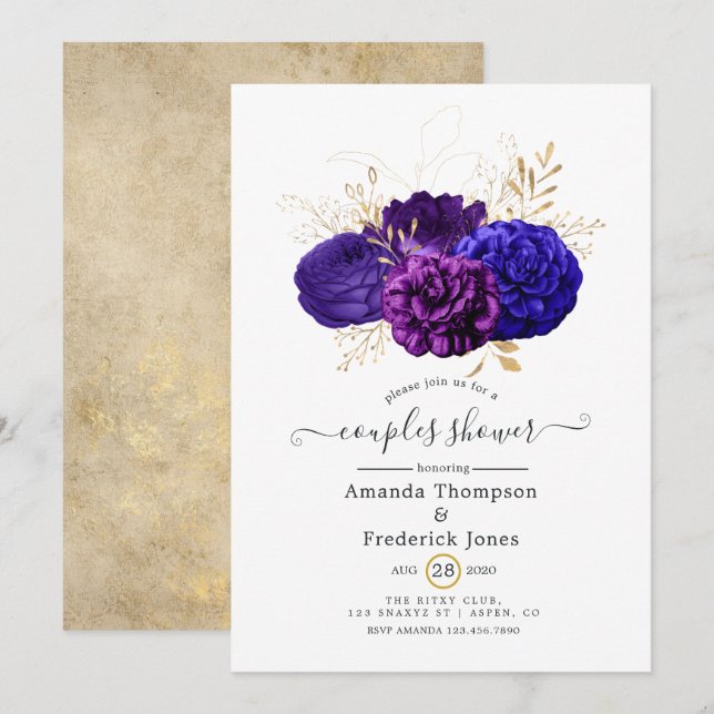 Convites Chuva de Casal Floral Roxo, Azul Real e Dourado (Frente/Verso)