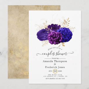 Convites Chuva de Casal Floral Roxo, Azul Real e Dourado