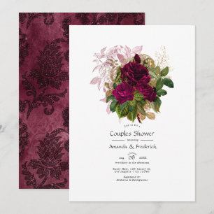 Convites Chuva de Casal Floral Shabby Dourado Burgundy Rosa