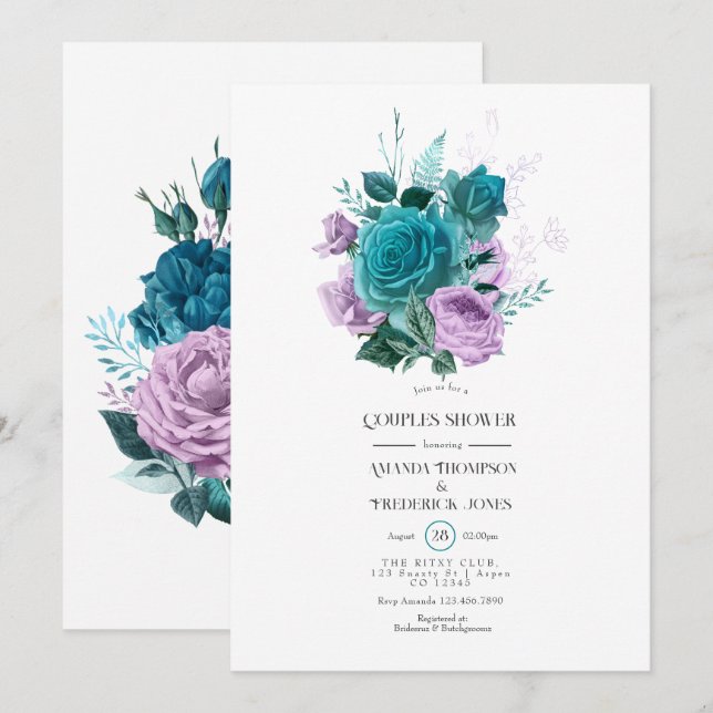 Convites Chuva de Casal Floral Turquesa e Lavanda (Frente/Verso)