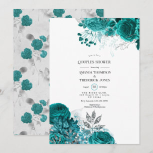 Convites Chuva de Casal Floral Turquesa e Prata