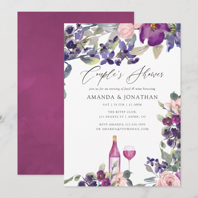 Convites Chuva de Casal Floral Violeta e Ameixa Degustação  (Frente/Verso)