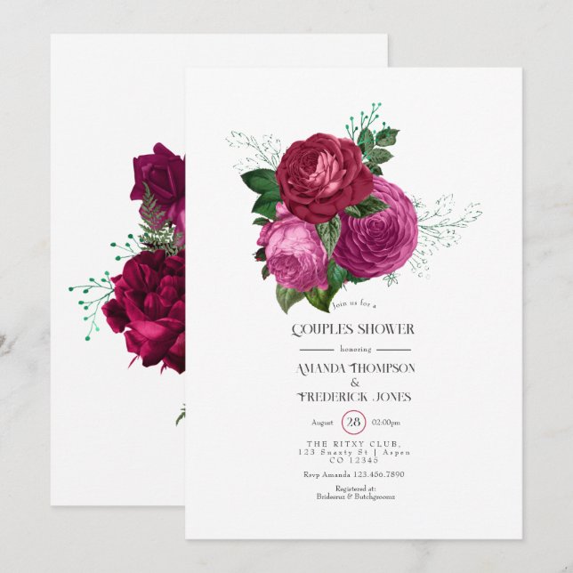 Convites Chuva de Casal Floral Viva Magenta (Frente/Verso)