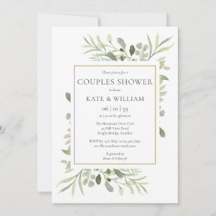 Convites Chuva de Casal Folhagem Aquarela Dourada Elegante