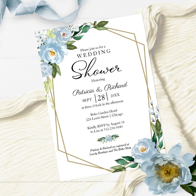 Convites Chuva de Casal Geométrico Floral Azul Poeirento (Criador carregado)