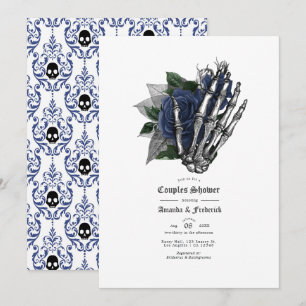 Convites Chuva de Casal Gótico Caveira Floral Azul Marinho