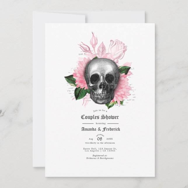 Convites Chuva de Casal Gótico de Crânio Floral Rosa (Frente)