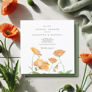 Convites Chuva de Casal Laranja Floral Aquarela Papoulas