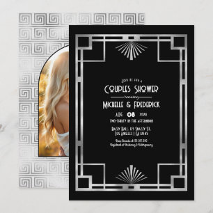Convites Chuva de Casal Preto e Prata Gatsby Art Déco